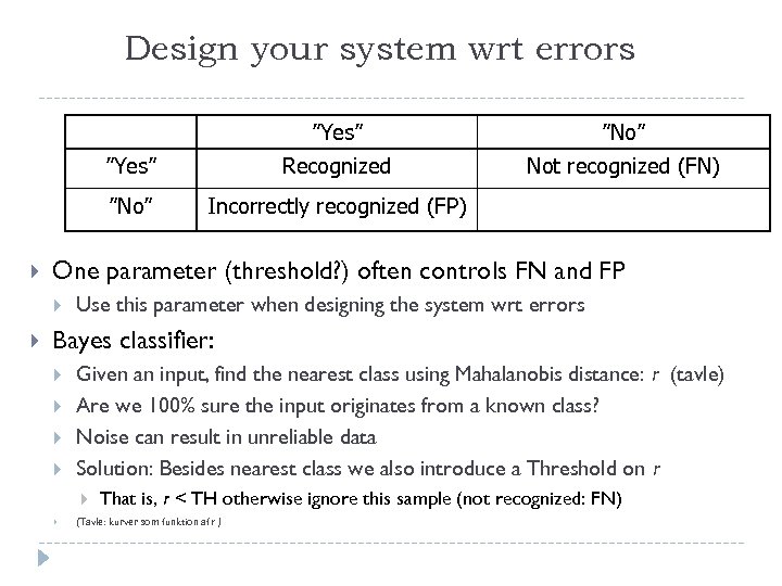 Design your system wrt errors ”Yes” Not recognized (FN) Incorrectly recognized (FP) One parameter