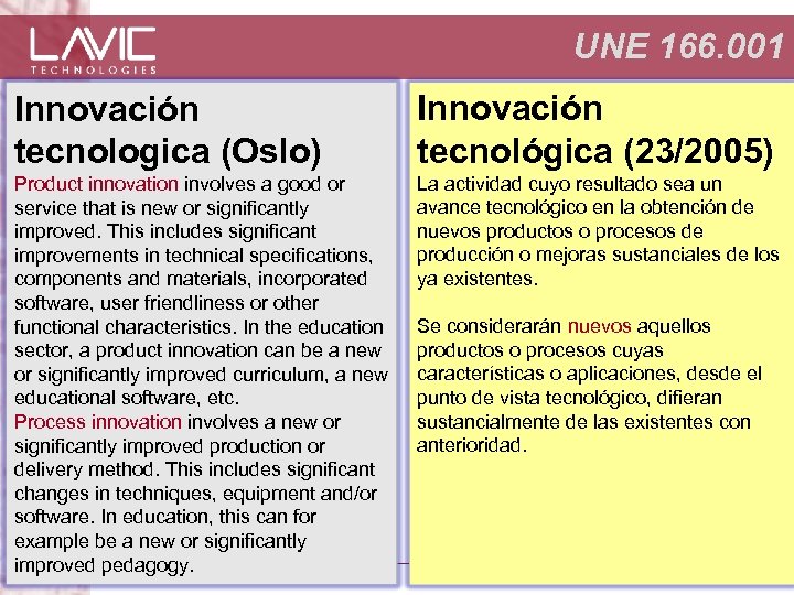 UNE 166. 001 Innovación tecnologica (Oslo) Innovación tecnológica (23/2005) Product innovation involves a good