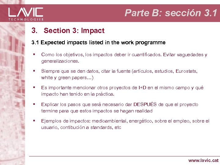 Parte B: sección 3. 1 3. Section 3: Impact 3. 1 Expected impacts listed