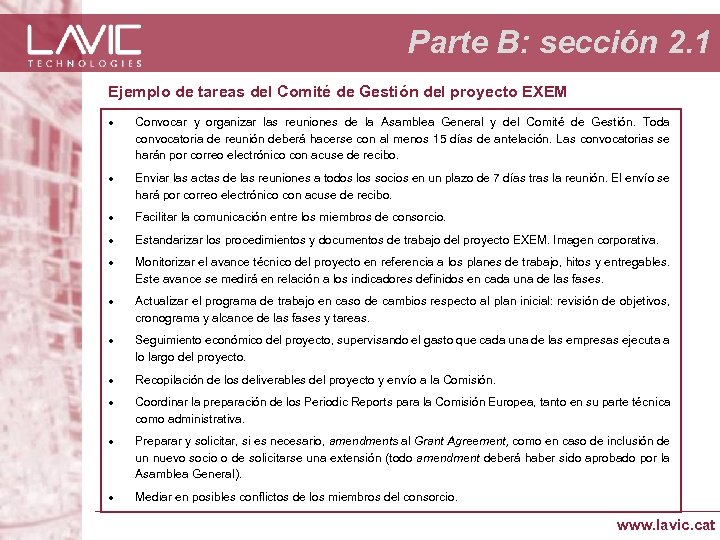 Parte B: sección 2. 1 Ejemplo de tareas del Comité de Gestión del proyecto