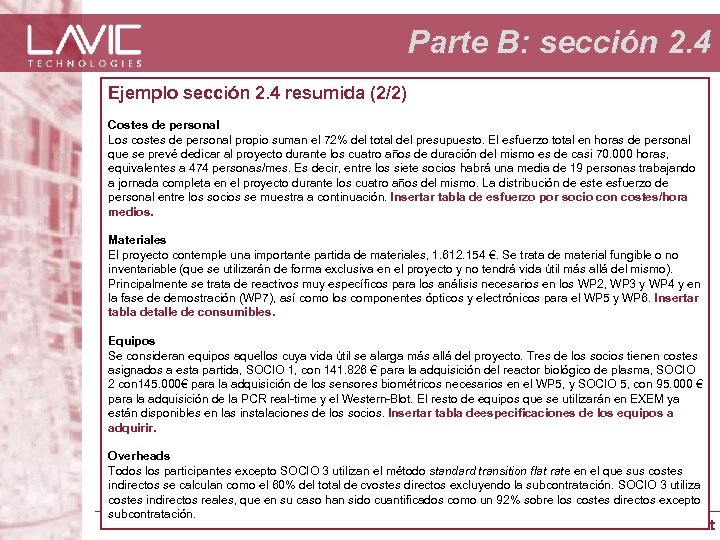 Parte B: sección 2. 4 Ejemplo sección 2. 4 resumida (2/2) Costes de personal