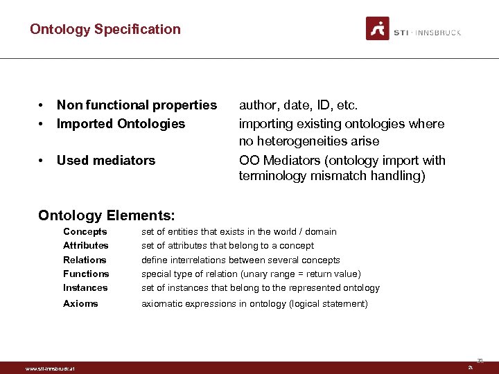 Ontology Specification • • Non functional properties Imported Ontologies • Used mediators author, date,