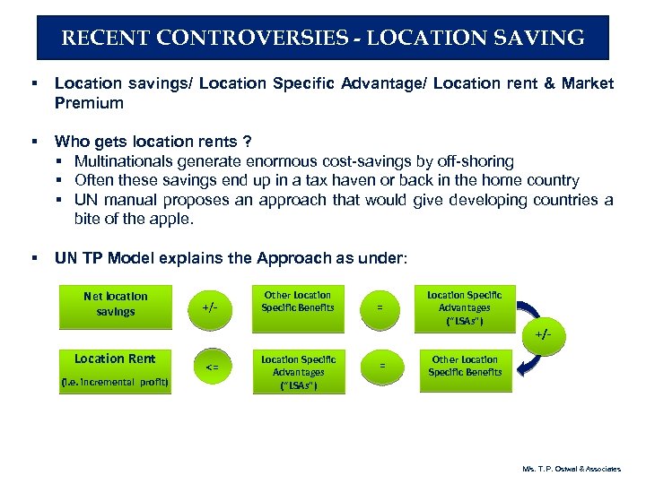 RECENT CONTROVERSIES - LOCATION SAVING § Location savings/ Location Specific Advantage/ Location rent &