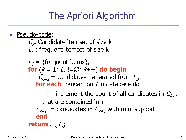 The Apriori Algorithm n Pseudo-code: Ck: Candidate itemset of size k Lk : frequent