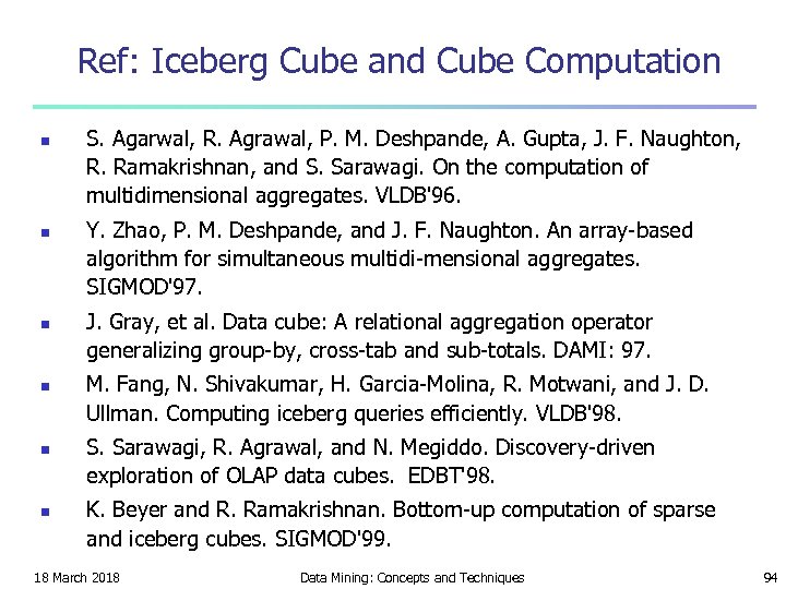 Ref: Iceberg Cube and Cube Computation n n n S. Agarwal, R. Agrawal, P.