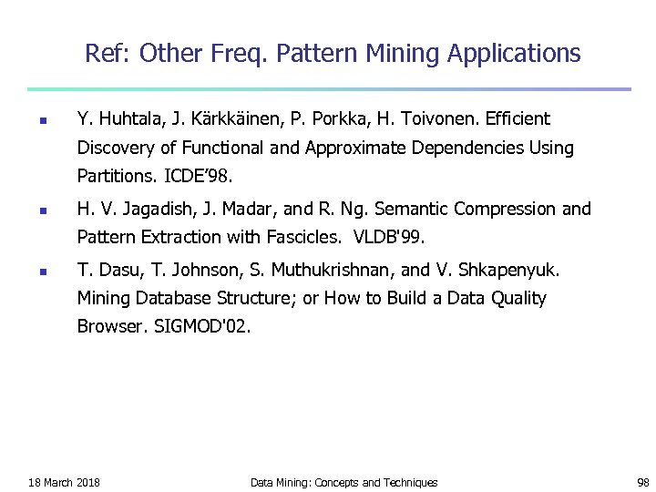 Ref: Other Freq. Pattern Mining Applications n Y. Huhtala, J. Kärkkäinen, P. Porkka, H.