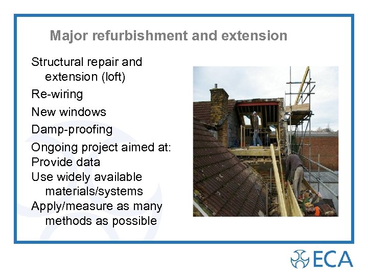 Major refurbishment and extension Structural repair and extension (loft) Re-wiring New windows Damp-proofing Ongoing