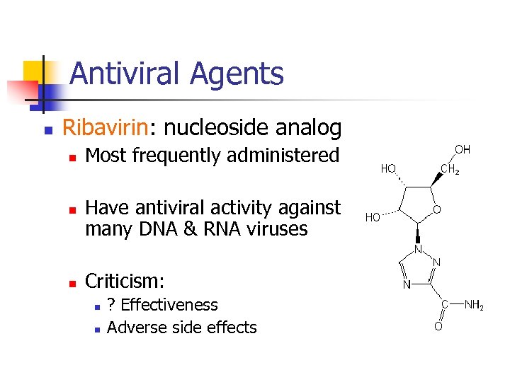 Antiviral Agents n Ribavirin: nucleoside analog n n n Most frequently administered Have antiviral