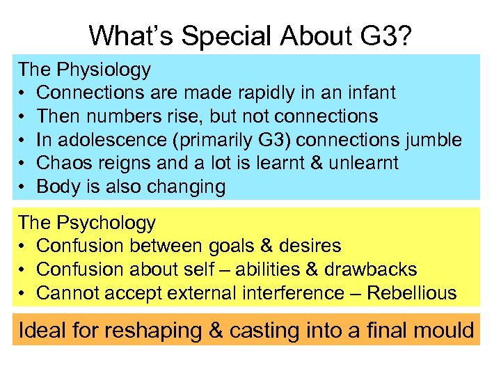 What’s Special About G 3? The Physiology • Connections are made rapidly in an