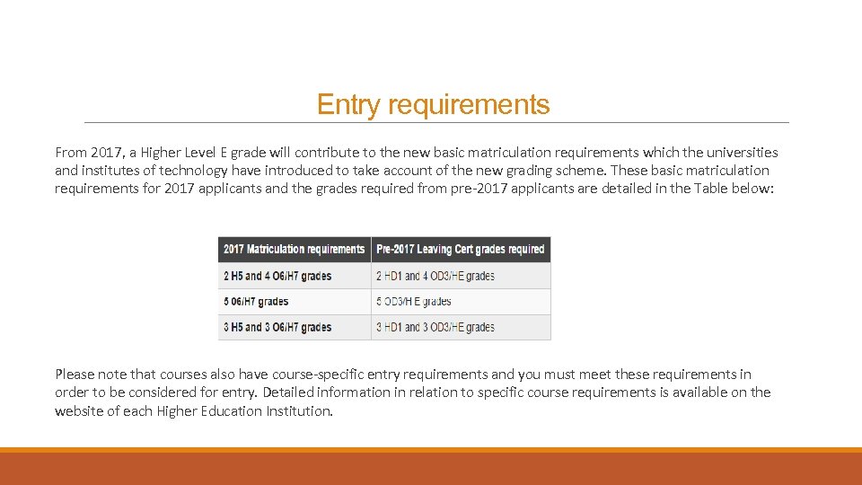 Entry requirements From 2017, a Higher Level E grade will contribute to the new