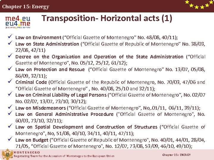 Chapter 15: Energy Transposition- Horizontal acts (1) ü Law on Environment (“Official Gazette of