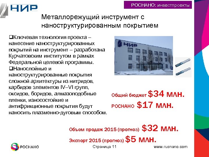 РОСНАНО: инвестпроекты Металлорежущий инструмент с наноструктурированным покрытием q. Ключевая технология проекта – нанесение наноструктурированных