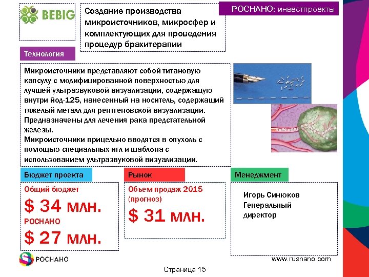 Технология Создание производства микроисточников, микросфер и комплектующих для проведения процедур брахитерапии РОСНАНО: инвестпроекты Микроисточники