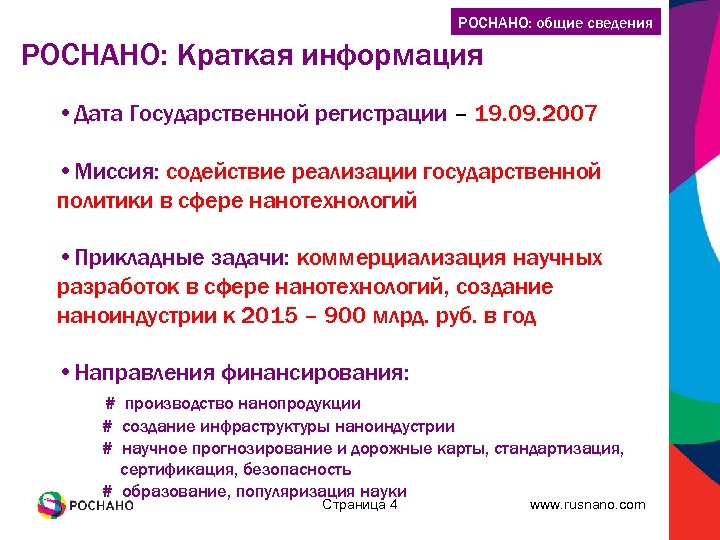 РОСНАНО: общие сведения РОСНАНО: Краткая информация • Дата Государственной регистрации – 19. 09. 2007