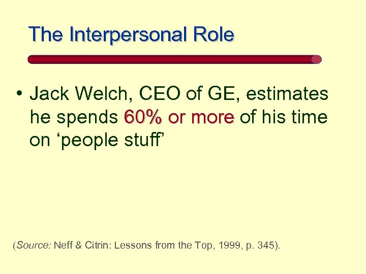 The Interpersonal Role • Jack Welch, CEO of GE, estimates he spends 60% or