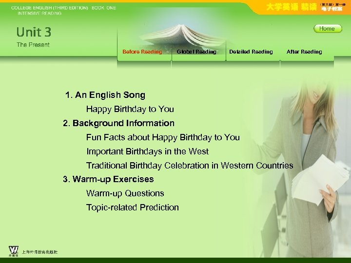 Before Reading Global Reading Detailed Reading After Reading 1. An English Song Happy Birthday