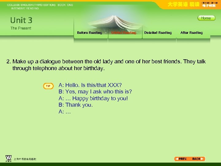 Before Reading Global Reading Detailed Reading After Reading 2. Make up a dialogue between