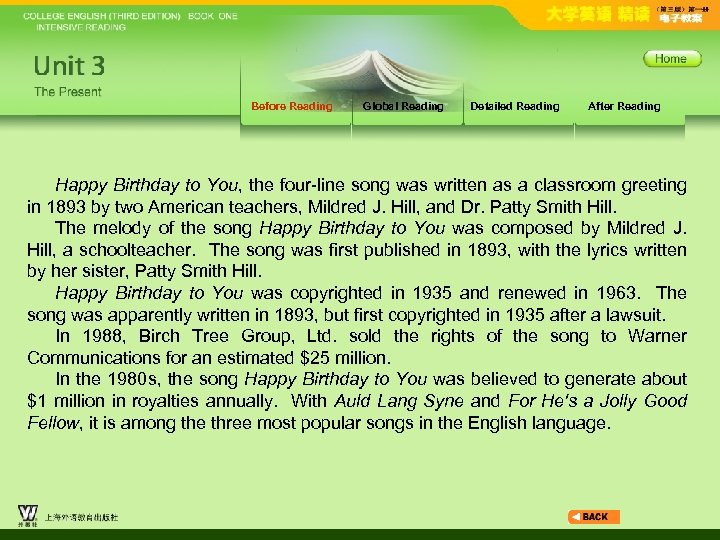 Before Reading Global Reading Detailed Reading After Reading Happy Birthday to You, the four-line