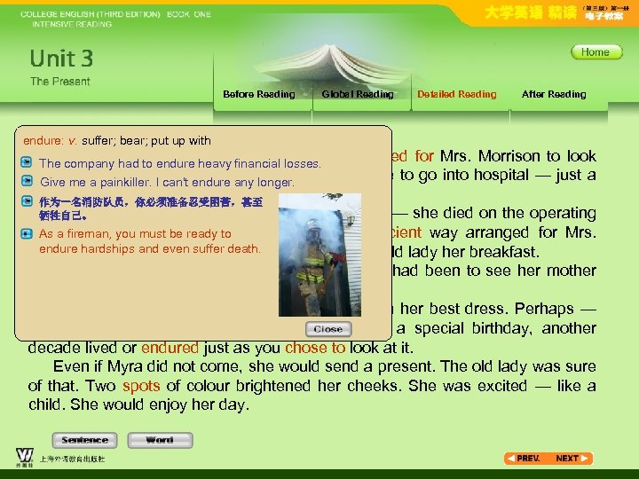 Before Reading Global Reading Detailed Reading After Reading endure: v. suffer; bear; put up