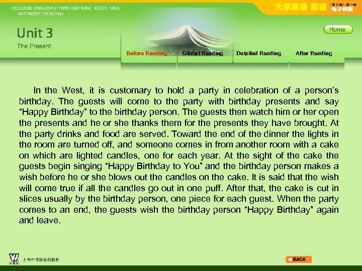 Before Reading Global Reading Detailed Reading After Reading In the West, it is customary