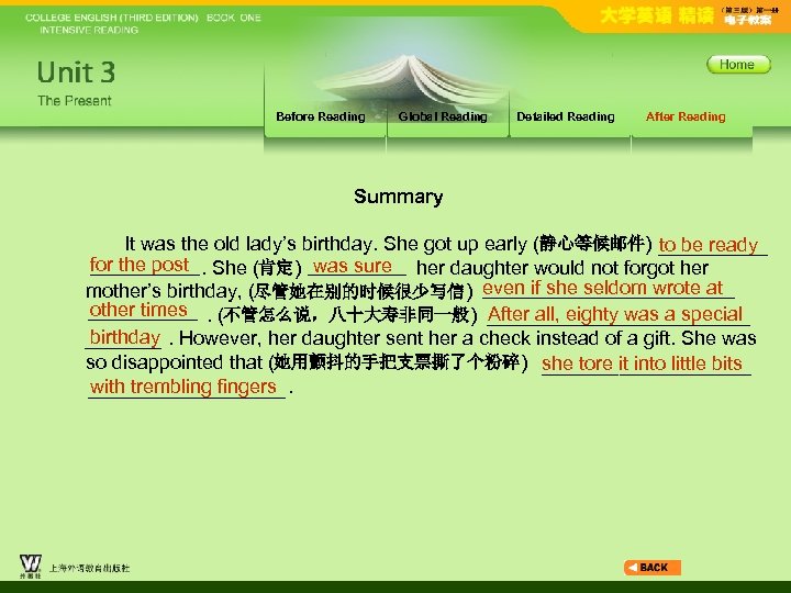 Before Reading Global Reading Detailed Reading After Reading Summary It was the old lady’s