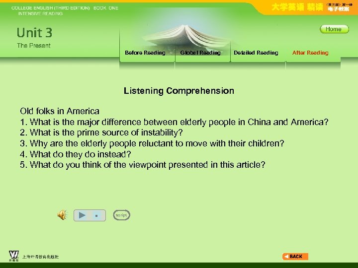 Before Reading Global Reading Detailed Reading After Reading Listening Comprehension Old folks in America