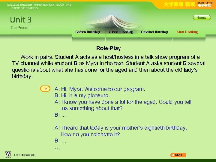 Before Reading Global Reading Detailed Reading After Reading Role-Play Work in pairs. Student A