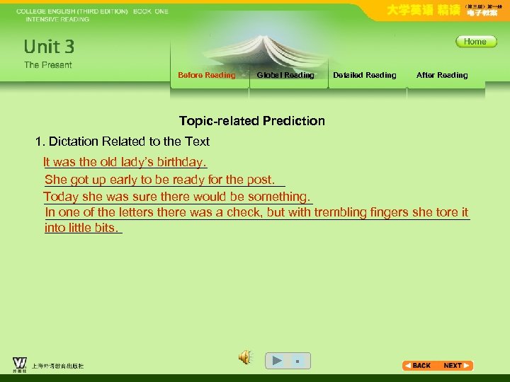 Before Reading Global Reading Detailed Reading After Reading Topic-related Prediction 1. Dictation Related to