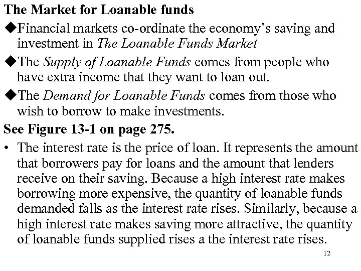 The Market for Loanable funds u. Financial markets co-ordinate the economy’s saving and investment