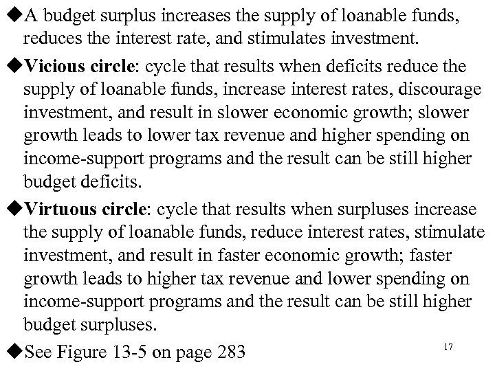 u. A budget surplus increases the supply of loanable funds, reduces the interest rate,