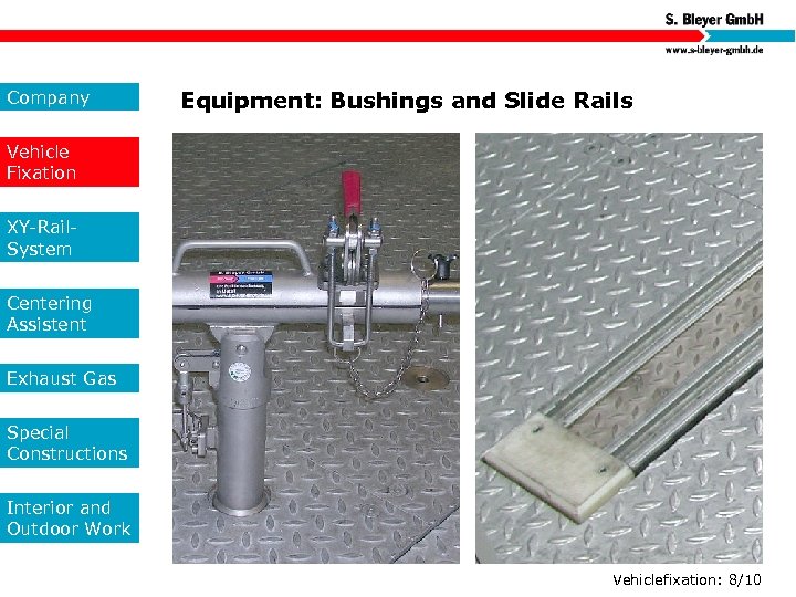 Company Equipment: Bushings and Slide Rails Vehicle Fixation XY-Rail. System Centering Assistent Exhaust Gas