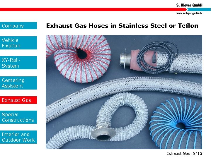 Company Exhaust Gas Hoses in Stainless Steel or Teflon Vehicle Fixation XY-Rail. System Centering