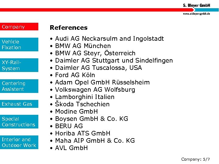 Company Vehicle Fixation XY-Rail. System Centering Assistent Exhaust Gas Special Constructions Interior and Outdoor
