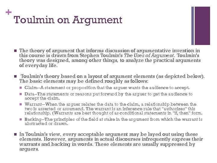 + Toulmin on Argument n The theory of argument that informs discussion of argumentative