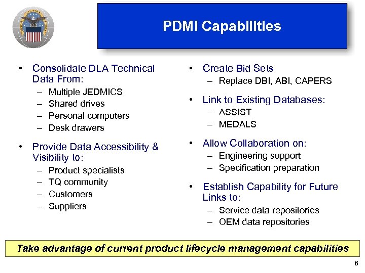 PDMI Capabilities • Consolidate DLA Technical Data From: – – Multiple JEDMICS Shared drives