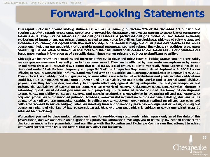 CEO Roundtable – 2005 IPAA Annual Meeting – 10/26/05 Forward-Looking Statements This report includes