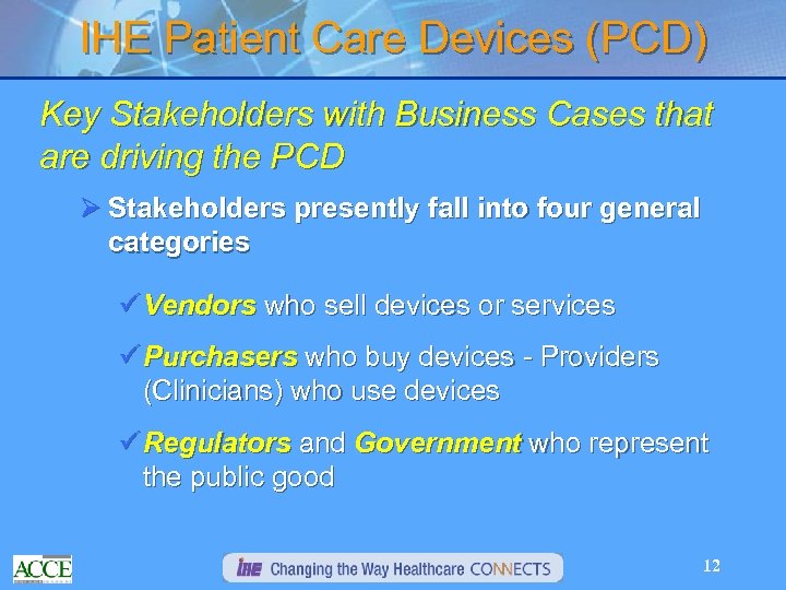 IHE Patient Care Devices (PCD) Key Stakeholders with Business Cases that are driving the