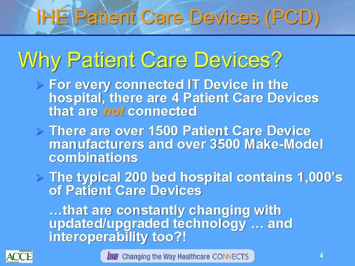 IHE Patient Care Devices (PCD) Why Patient Care Devices? For every connected IT Device
