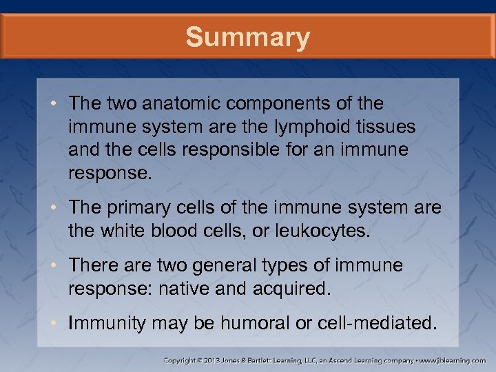Summary • The two anatomic components of the immune system are the lymphoid tissues