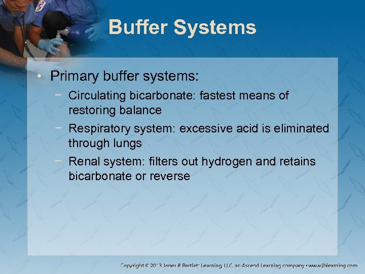Buffer Systems • Primary buffer systems: − Circulating bicarbonate: fastest means of restoring balance
