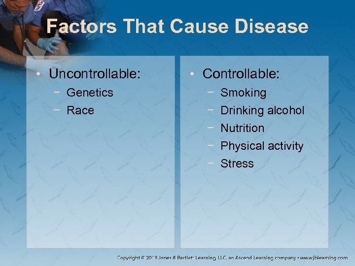 Factors That Cause Disease • Uncontrollable: − Genetics − Race • Controllable: − −