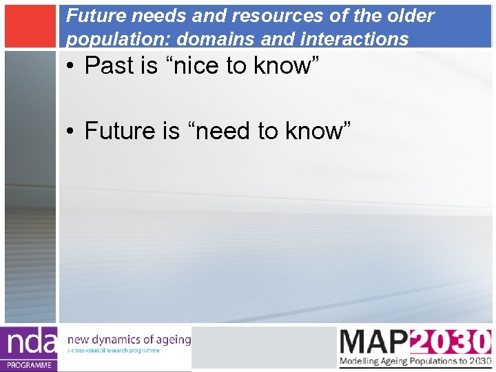 Future needs and resources of the older population: domains and interactions • Past is