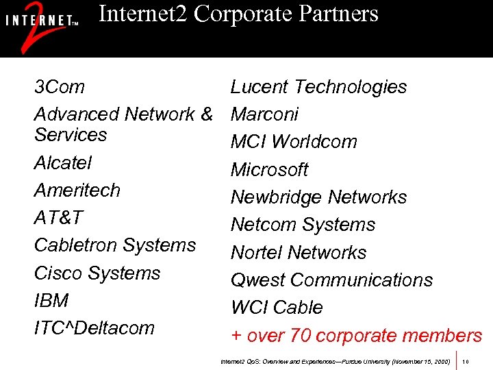 Internet 2 Corporate Partners 3 Com Advanced Network & Services Alcatel Ameritech AT&T Cabletron