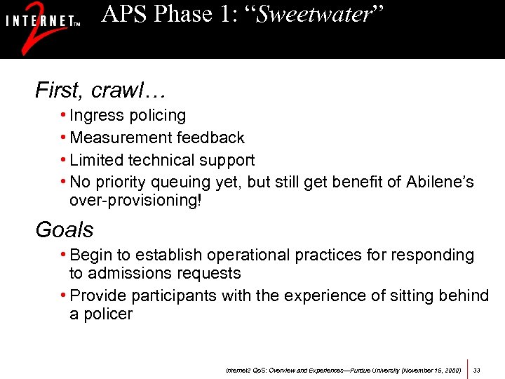 APS Phase 1: “Sweetwater” First, crawl… • Ingress policing • Measurement feedback • Limited