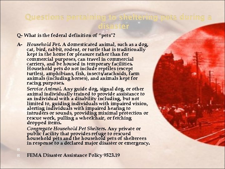 Questions pertaining to sheltering pets during a disaster Q- What is the federal definition