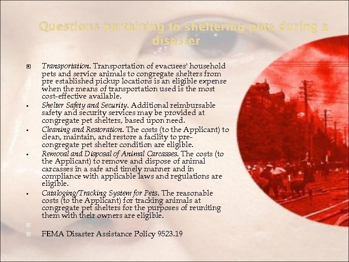 Questions pertaining to sheltering pets during a disaster § § Transportation of evacuees' household