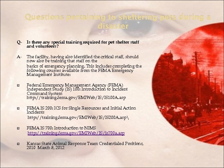 Questions pertaining to sheltering pets during a disaster Q A- Is there any special