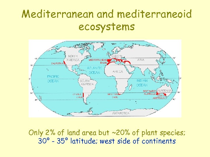 Mediterranean and mediterraneoid ecosystems Only 2% of land area but ~20% of plant species;