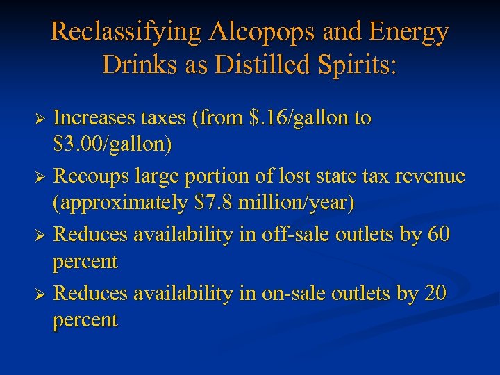 Reclassifying Alcopops and Energy Drinks as Distilled Spirits: Increases taxes (from $. 16/gallon to