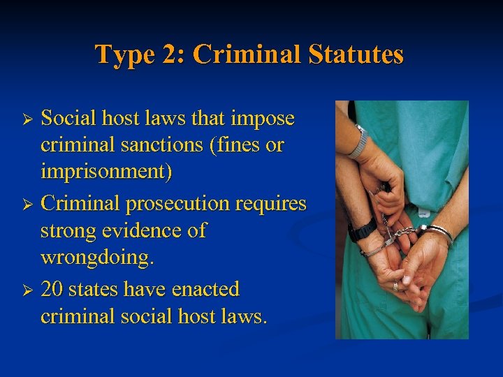 Type 2: Criminal Statutes Social host laws that impose criminal sanctions (fines or imprisonment)